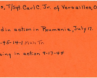 World War II, Vindicator, Carl C. Jones Jr., Versailles, Ohio, killed, Roumania, Romania, 1945, missing, 1944, Mahoning, Trumbull