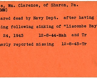 World War II, Vindicator, William Clarence Jones, Sharon, Pennsylvania, declared dead, missing, sinking, Liscombe Bay, 1943, 1944, Mahoning, Trumbull