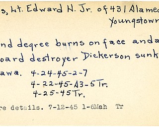 World War II, Vindicator, Edward H. Jones Jr., Youngstown, wounded, second degree burns, destroyer, Dickerson, Okinawa, 1945, Mahoning, Trumbull