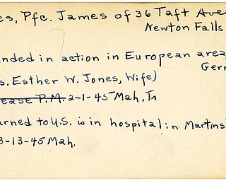World War II, Vindicator, James Jones, Newton Falls, wounded, Europe, Germany, returned to U.S., hospital, Martinsburg, Virginia, 1945, Mahoning, Esther W. Jones