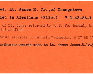 World War II, Vindicator, James H. Jones Jr., Youngstown, killed, Aleutians, Pilot, 1943, body returned to U.S., burial, 1948, funeral, posthumous awards, 1950