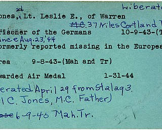 World War II, Vindicator, Leslie E. Jones, Warren, prisoner, Germany, 1944, missing, Europe, 1943, award, Air Medal, liberated, Stalag, 1945, Mahoning, Trumbull, Carl C. Jones