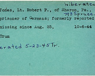 World War II, Vindicator, Robert P. Jones, Sharon, Pennsylvania, missing, prisoner, Germany, 1944, liberated, 1945, Trumbull