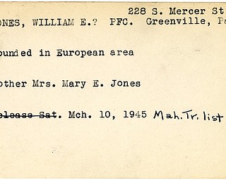 World War II, Vindicator, William E. Jones, Greenville, Pennsylvania, wounded, Europe, 1945, Mahoning, Trumbull, Mrs. Mary E. Jones