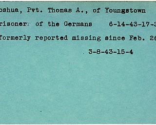 World War II, Vindicator, Thomas A. Joshua, Youngstown, missing, prisoner, Germany, 1943