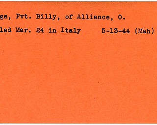 World War II, Vindicator, Billy Judge, Alliance, Ohio, killed, Italy, 1944, Mahoning
