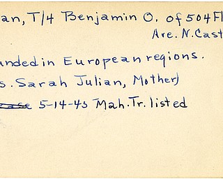World War II, Vindicator, Benjamin O. Julian, New Castle, wounded, Europe, 1945, Mahoning, Trumbull, Sarah Julian