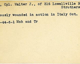 World War II, Vindicator, Walter J. Kady, Struthers, wounded, Italy, 1944, Mahoning, Trumbull