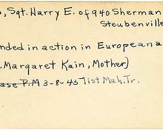 World War II, Vindicator, Harry E. Kain, Steubenville, wounded, Europe, 1945, Mahoning, Trumbull, Margaret Kain