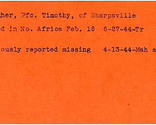 World War II, Vindicator, Timothy Kalagher, Sharpsville, missing, killed, North Africa, 1944, Mahoning, Trumbull