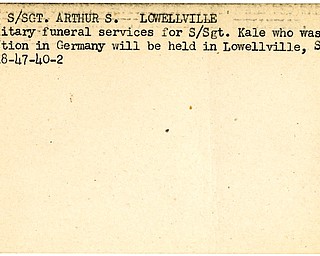 World War II, Vindicator, Arthur S. Kale, Lowellville, military funeral, killed, Germany, 1947