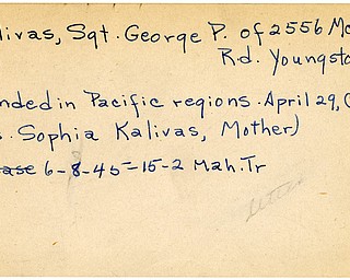 World War II, Vindicator, George P. Kalivas, Youngstown, wounded, Pacific, Cebu., 1945, Mahoning, Trumbull, Sophia Kalivas