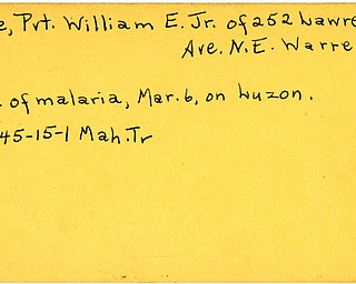 World War II, Vindicator, William E. Kane Jr., Warren, died, Malaria, Luzon, 1945, Mahoning, Trumbull