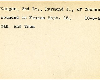 World War II, Vindicator, Raymond J. Kangas, Conneaut, wounded, France, 1944, Mahoning, Trumbull