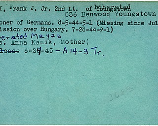 World War II, Vindicator, Frank J. Kanik Jr., Youngstown, prisoner, Germany, 1944, missing, Hungary, liberated, 1945, Trumbull, Anna Kanik