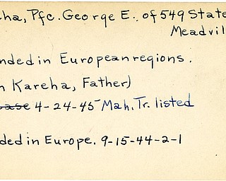 World War II, Vindicator, George E. Kareha, Meadville, wounded, Europe, 1944, 1945, Mahoning, Trumbull, John Kareha