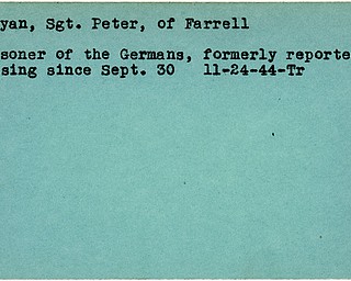 World War II, Vindicator, Peter Karyan, Farrell, missing, prisoner, Germany, 1944, Trumbull