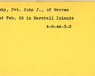 World War II, Vindicator, John J. Kasky, Warren, died, Marshall Islands, 1944