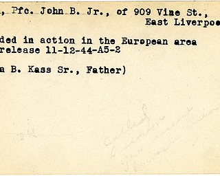 World War II, Vindicator, John B. Kass Jr., East Liverpool, wounded, Europe, 1944, John B. Kass Sr.