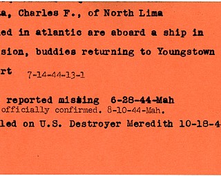 World War II, Vindicator, Charles F. Kasza, North Lima, missing, killed, U.S. Destroyer Meredith, invasion, Atlantic, 1944, Mahoning