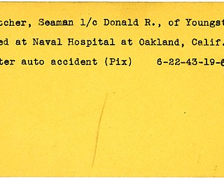 World War II, Vindicator, Donald R. Katcher, Youngstown, auto accident, died, Naval Hospital, Oakland, California, 1943