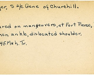 World War II, Vindicator, Gene Keefer, Churchill, injured, wounded, Fort Pierce, Florida, broken ankle, dislocated shoulder, 1945, Mahoning, Trumbull