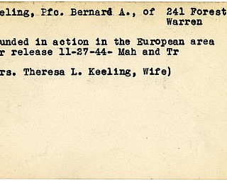 World War II, Vindicator, Bernard A. Keeling, Warren, wounded, Europe, 1944, Mahoning, Trumbull, Mrs. Theresa L. Keeling