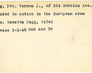 World War II, Vindicator, Vernon J. Kegg, Niles, wounded, Europe, 1945, Mahoning, Trumbull, Mrs. Wanetta Kegg