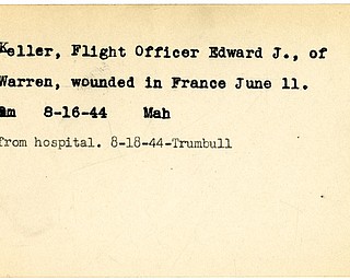 World War II, Vindicator, Edward J. Keller, Warren, wounded, France, back from hospital, 1944, Mahoning, Trumbull