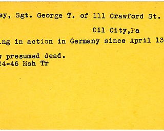 World War II, Vindicator, George T. Kelley, Oil City, Pennsylvania, missing, Germany, 1945, presumed dead, 1946, Mahoning, Trumbull