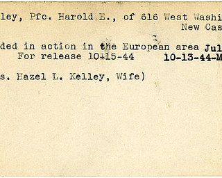 World War II, Vindicator, Harold E. Kelley, New Castle, wounded, Europe, 1944, Mahoning, Mrs. Hazel L. Kelley