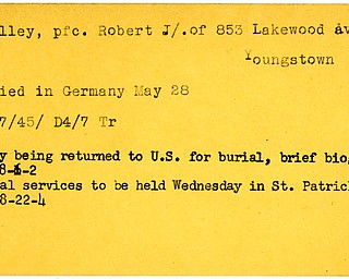 World War II, Vindicator, Robert J. Kelley, Youngstown, died, Germany, 1945, body returned to U.S., burial, funeral, St. Patrick Chruch, 1948, Trumbull
