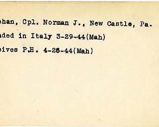 World War II, Vindicator, Norman J. Kenehan, New Castle, Pennsylvania, wounded, Italy, receives P.H., 1944, Purple Heart, Mahoning