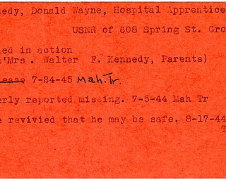 World War II, Vindicator, Donald Wayne Kennedy, Grove City, Hospital Apprentice, missing, may be safe, 1944, killed, 1945, Mahoning, Trumbull, Mr. & Mrs. Walter F. Kennedy