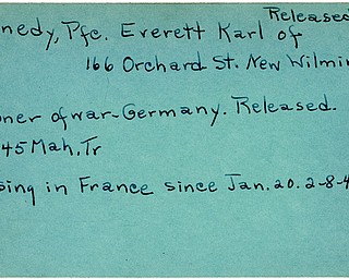 World War II, Vindicator, Everett Karl Kennedy, New Wilmington, missing, France, prisoner, Germany, 1945, Mahoning, Trumbull, released