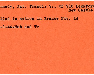 World War II, Vindicator, Francis V. Kennedy, New Castle, killed, France, 1944, Mahoning, Trumbull