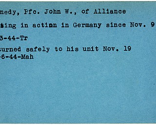 World War II, Vindicator, John W. Kennedy, Alliance, missing, Germany, returned, safe, 1944, Mahoning, Trumbull