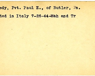 World War II, Vindicator, Paul E. Kennedy, Butler, Pennsylvania, wounded, Italy, 1944, Mahoning, Trumbull