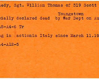 World War II, Vindicator, William Thomas Kennedy, Youngstown, missing, Italy, 1944, official declared dead, 1945, War Department, Trumbull