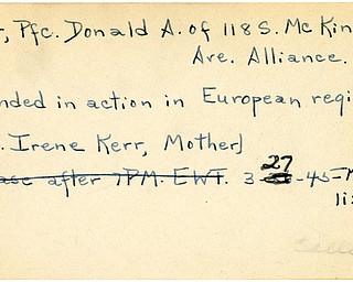 World War II, Vindicator, Donald A. Kerr, Alliance, wounded, Europe, 1945, Mahoning, Trumbull, Mrs. Irene Kerr