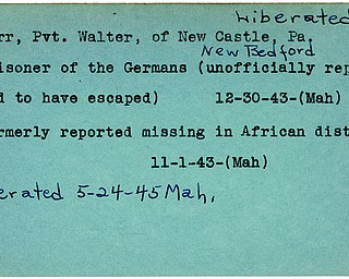 World War II, Vindicator, Walter Kerr, New Castle, Pennsylvania, New Bedford, missing, African district, Africa, prisoner, Germany, unofficially reported, escaped, 1943, liberated, 1945, Mahoning