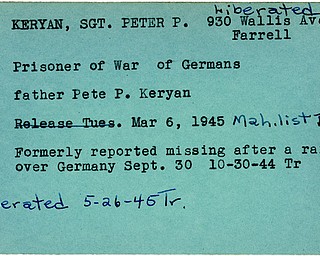 World War II, Vindicator, Peter P. Keryan, Farrell, liberated, prisoner, Germany, Pete P. Keryan, 1945, Mahoning, Trumbull, missing, raid, 1944