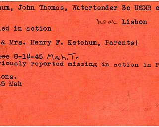 World War II, Vindicator, John Thomas Ketchum, Lisbon, near, missing, Pacific, killed, 1945, Mahoning, Mr. & Mrs. Henry F. Ketchum, Trumbull