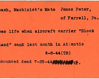 World War II, Vindicator, James Peter Kibash, Farrell, Pennsylvania, loses life, died, aircraft, Block Island, sank, Atlantic, 1945, announced dead, Trumbull