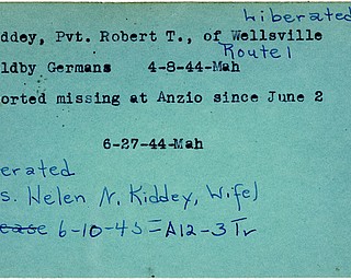 World War II, Vindicator, Robert T. Kiddey, Wellsville, held by, Germans, germany, missing, Anzio, 1944, liberated, 1945, Mrs. Helen N. Kiddey