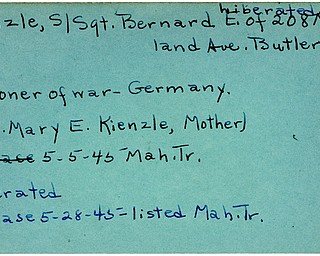 World War II, Vindicator, Bernard E. Kienzle, Butler, prisoner, Germany, liberated, 1945, Mahoning, Trumbull, Mrs. Mary E. Kienzle