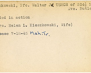 World War II, Vindicator, Walter J. Kieszkowski, Butler, wounded, 1945, Mahoning, Trumbull, Helen L. Kieszkowski