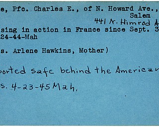 World War II, Vindicator, Charles E. Kille, Salem, missing, France, 1944, reported, safe, American lines, 1945, Mahoning, Mrs. Arlene Hawkins