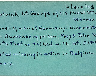 World War II, Vindicator, George Kilpatrick, Warren, missing, Belgium, prisoner, Germany, liberated, Nureenberg prison, John Vorys, 1945, Trumbull
