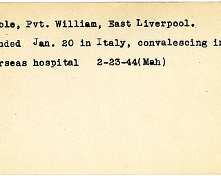 World War II, Vindicator, William Kimble, East Liverpool, wounded, Italy, convalescing, hospital, 1944, Mahoning